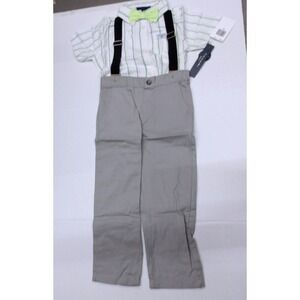 Tahari ASL Green Striped Shirt Set with Lime Bow and Black Suspenders